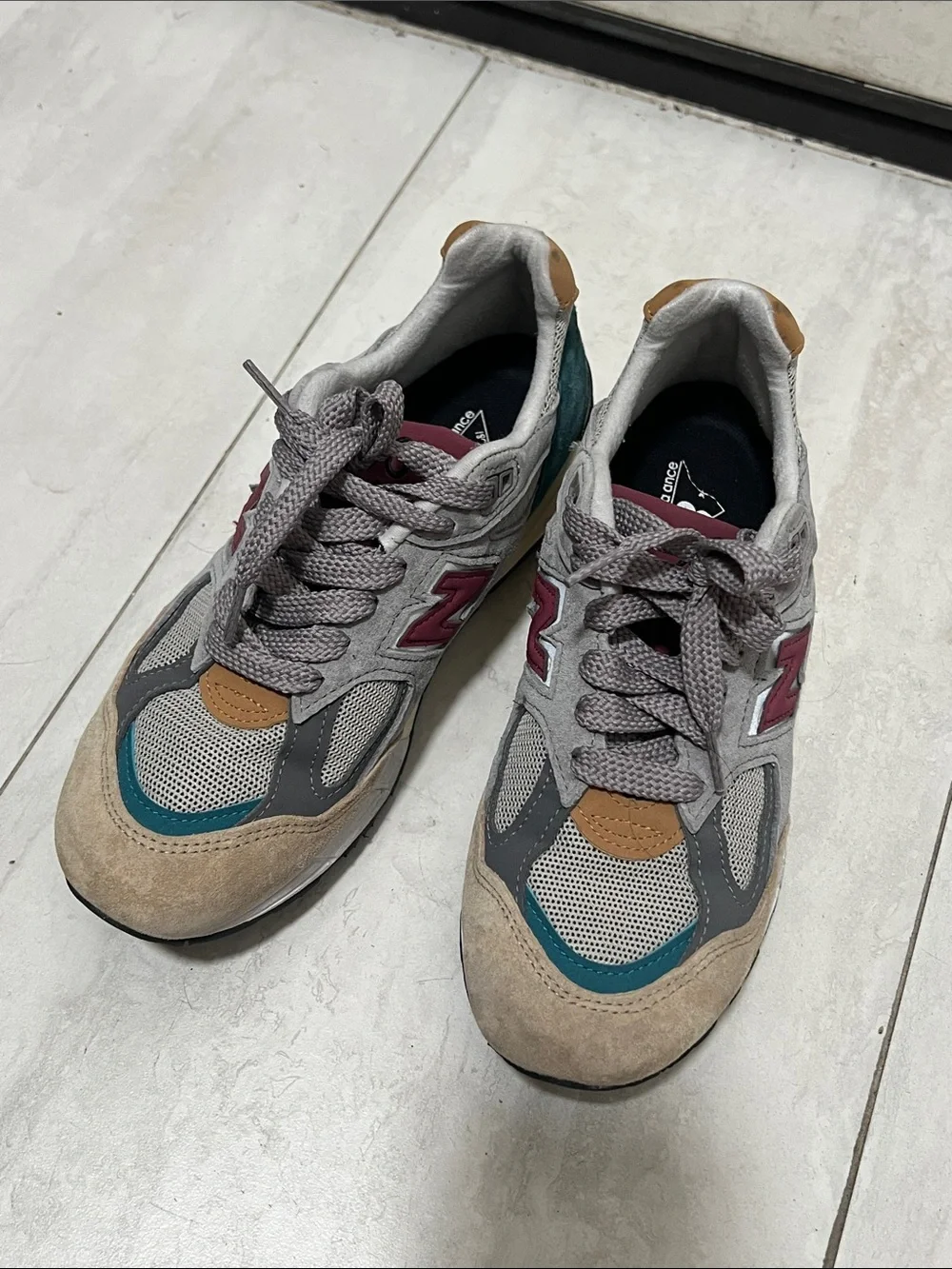 New Balance 990 Gray, Teal and Burgundy Sneakers